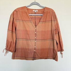Madewell Shirt Womens XS Orange Plaid Cotton Button Front Flow Blouse G7805 FA17